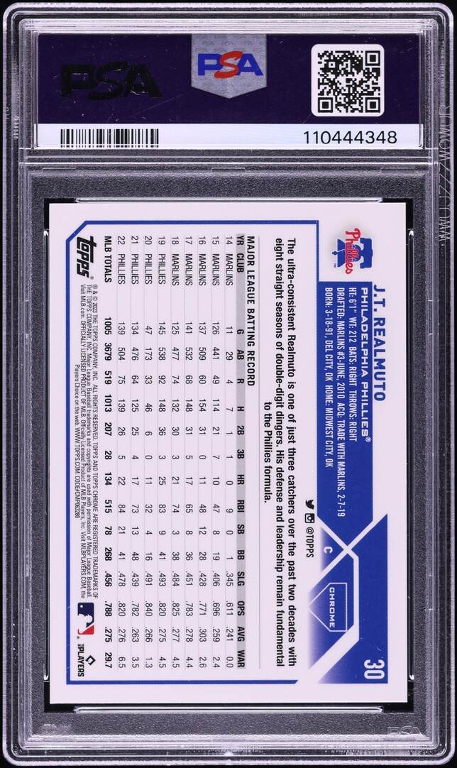 2023 Topps Chrome Logofractor Blue Refractor JT Realmuto /150 #30 PSA 10 GEM
