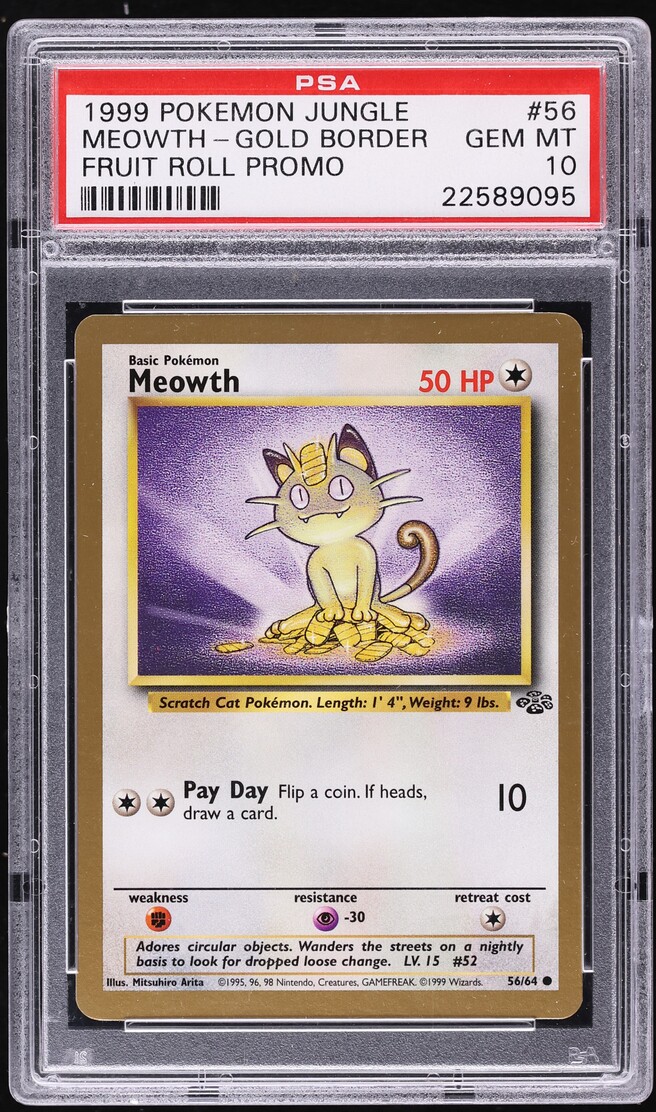 1999 Pokemon Jungle Promo Fruit Roll Gold Border Meowth #56 PSA 10 GEM MINT