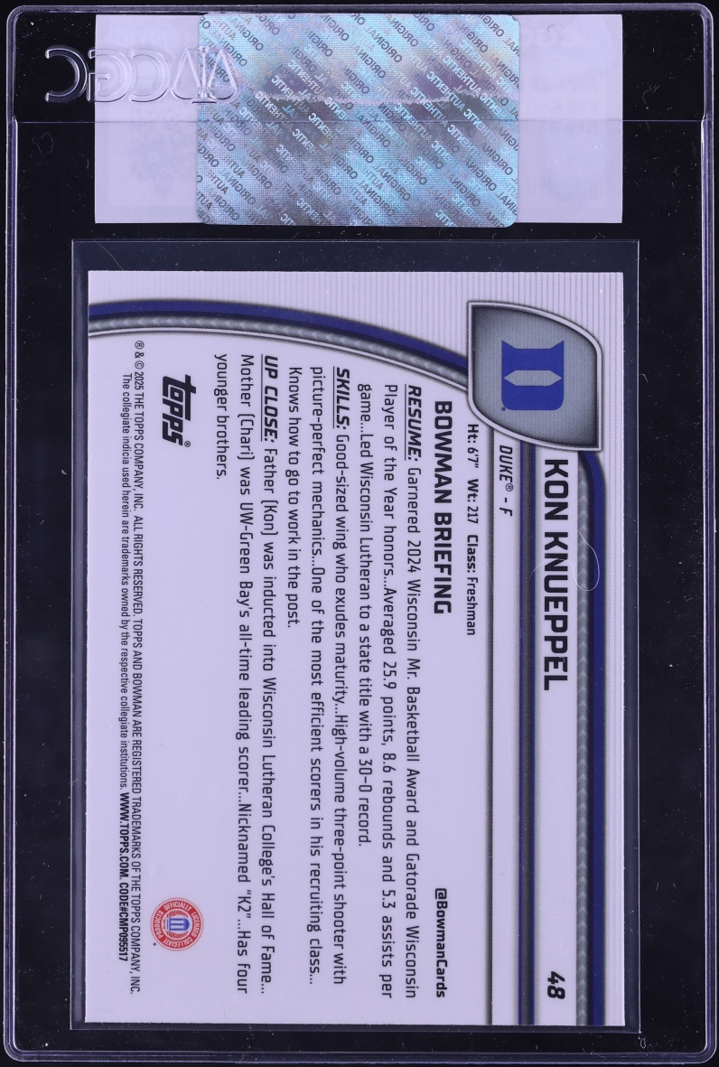 2024 Bowman Chrome University Sky Blue Refractor Kon Knueppel ROOKIE #48 CGC AUTH