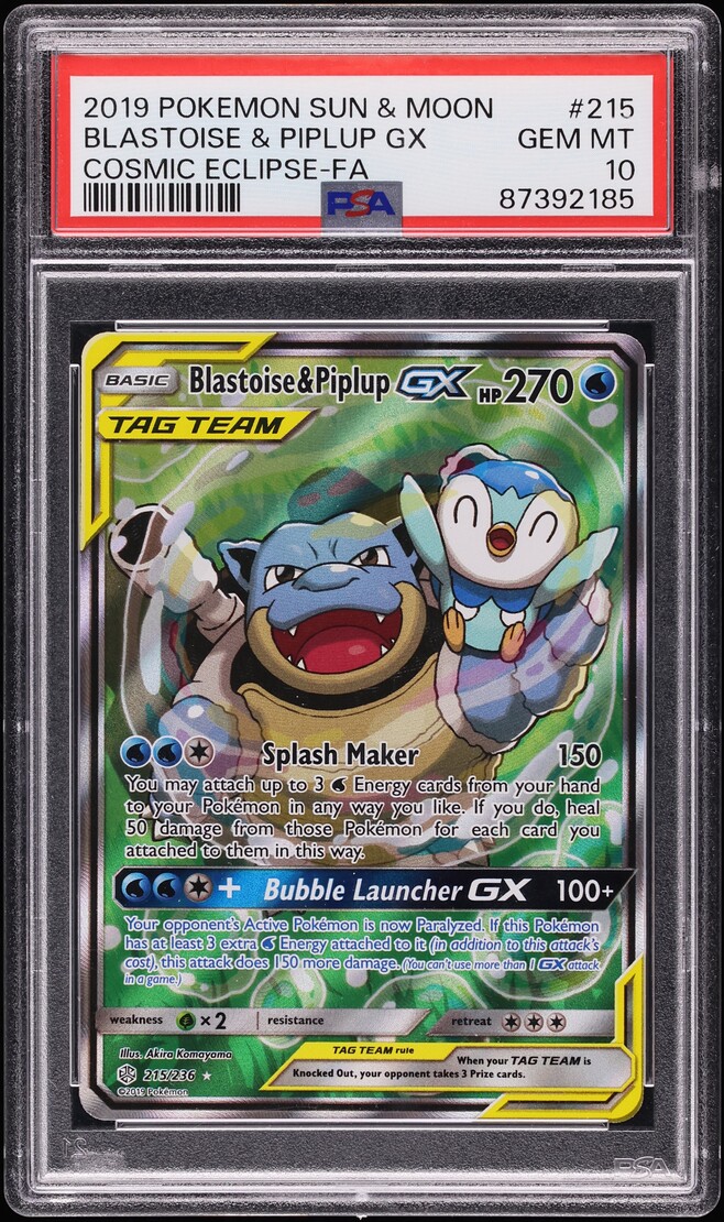 2019 Pokemon Sun & Moon Cosmic Eclipse Full Art Blastoise & Piplup GX #215 PSA 10 GEM MINT