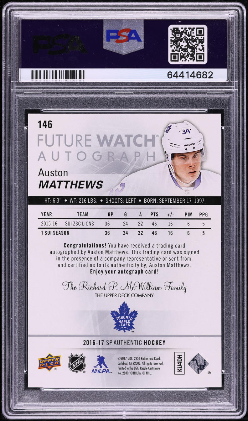 2016 SP Authentic Auston Matthews ROOKIE AUTO /999 #146 PSA 10 GEM MINT