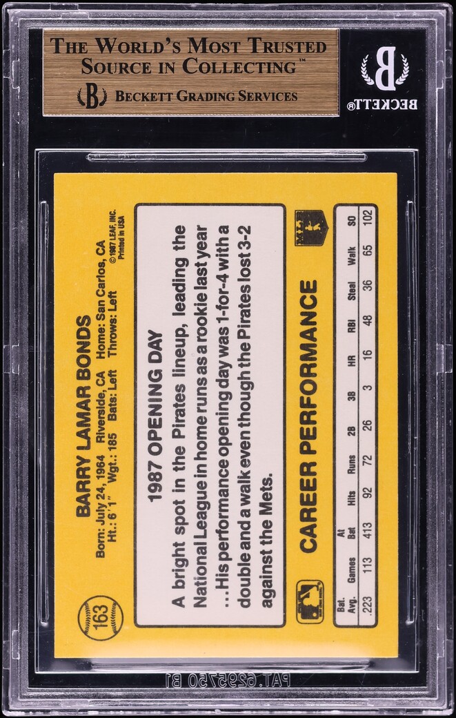 1987 Donruss Opening Day Error Barry Bonds ROOKIE #163A BGS 9.5 GEM MINT
