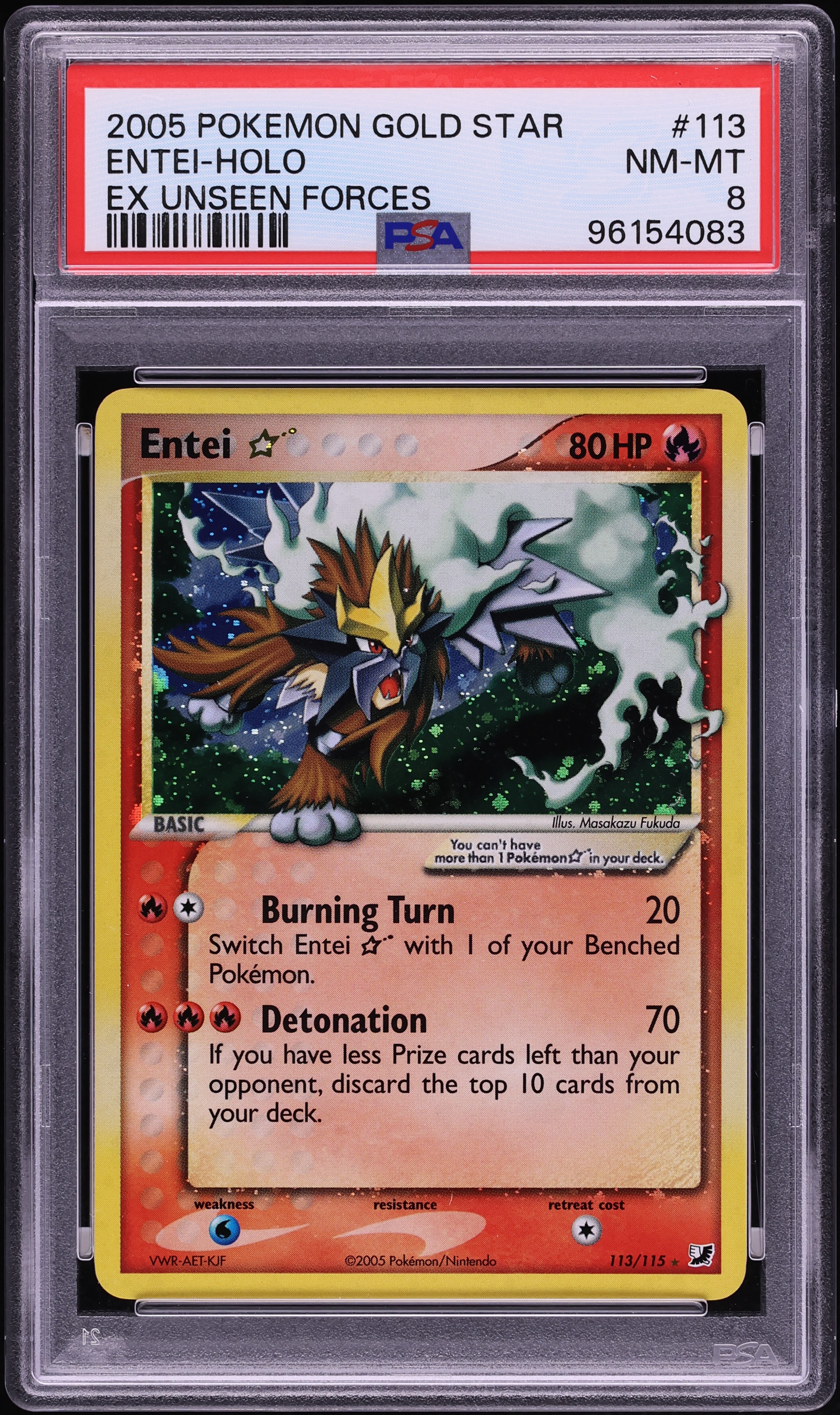 2005 Pokemon EX Unseen Forces Holo Entei Gold Star #113 PSA 8 NM-MT