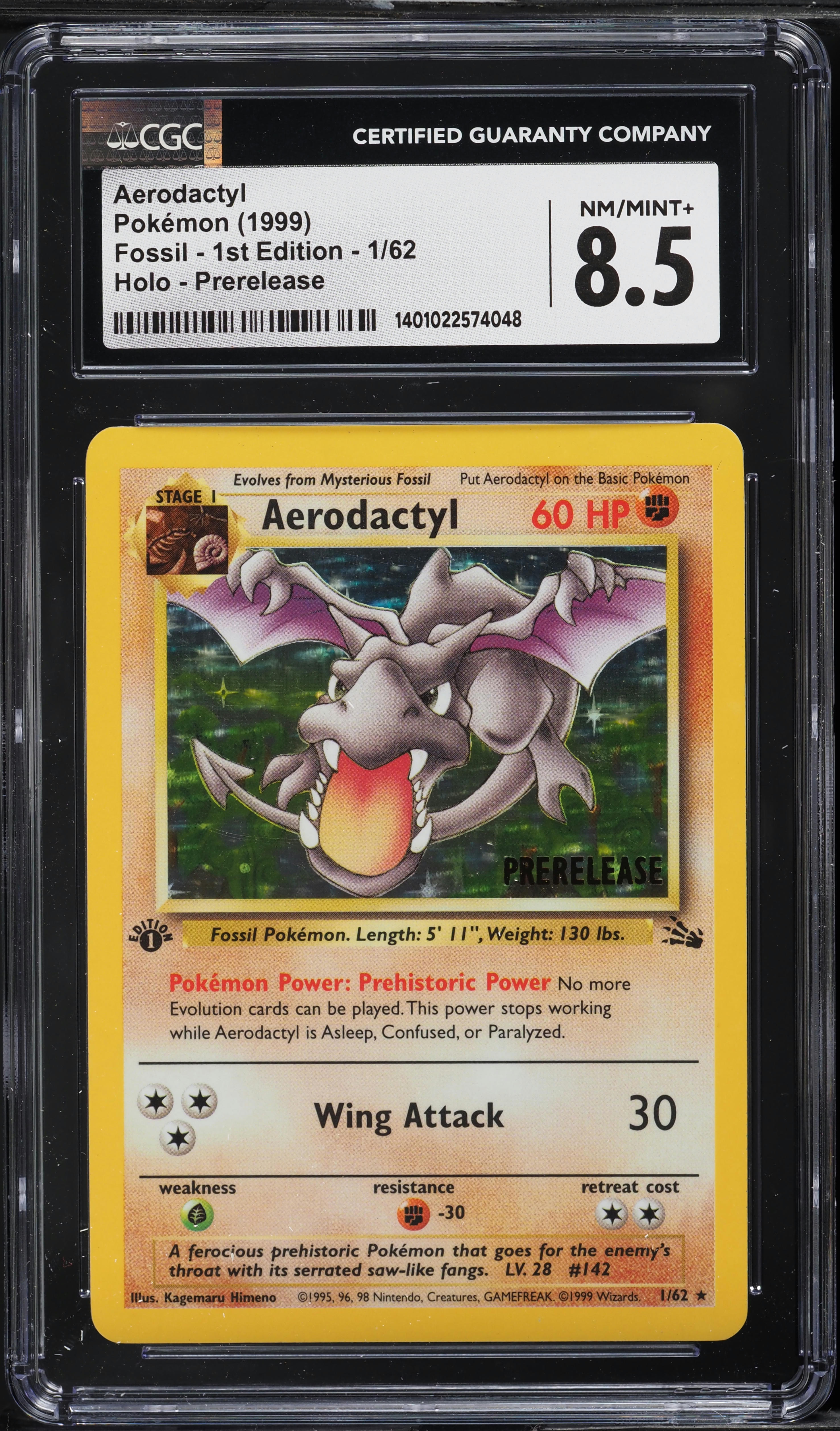 1999 Pokemon Fossil 1st Edition Prerelease Holo Aerodactyl #1 CGC 8.5 NM-MT+