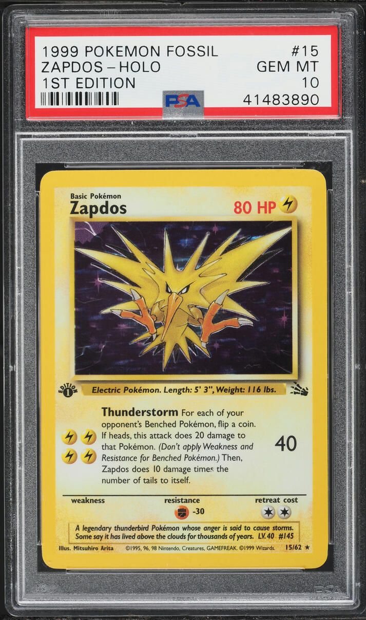 1999 Pokemon Fossil 1st Edition Holo Zapdos #15 PSA 10 GEM MINT