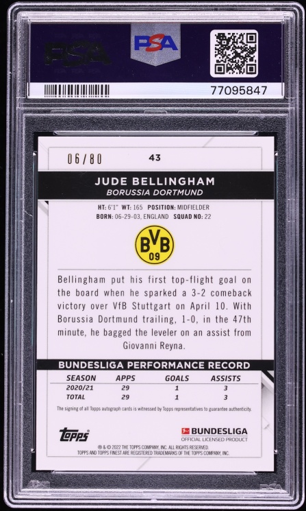 2021 Finest Bundesliga Purple Wave Refractor Jude Bellingham AUTO /80 #43 PSA 10 GEM MINT