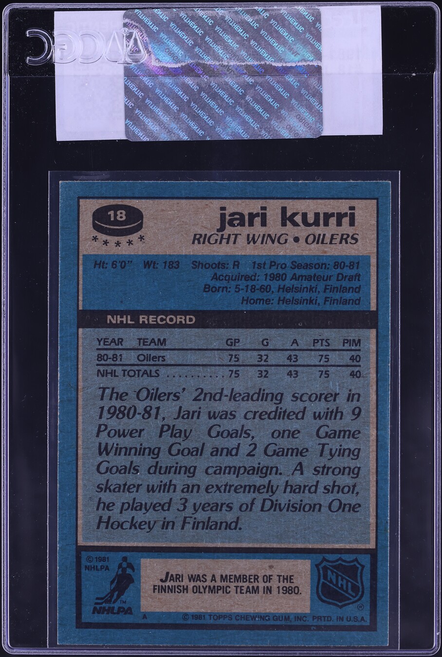 1981 Topps Hockey Jari Kurri ROOKIE #18 CGC AUTH