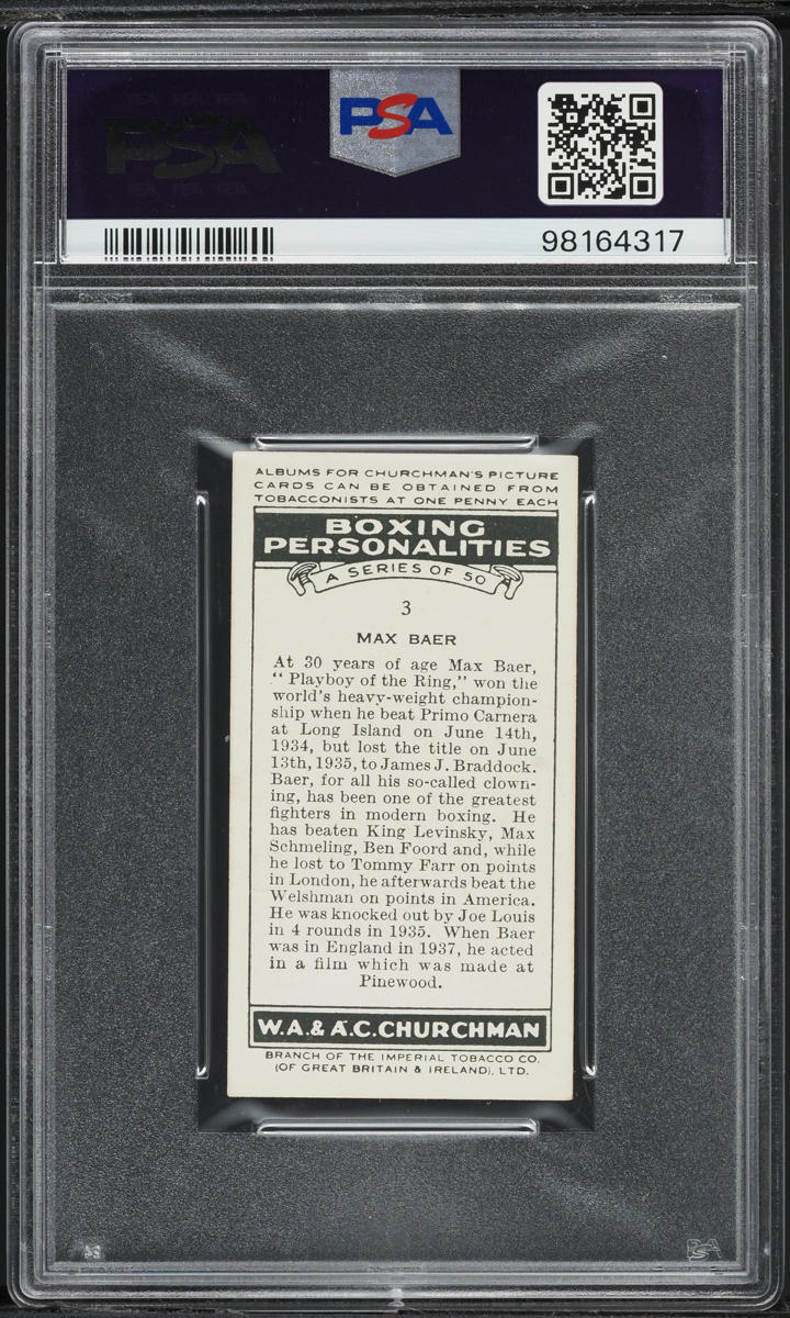1938 WA & AC Churchman Boxing Personalities Max Baer #3 PSA 7 NRMT