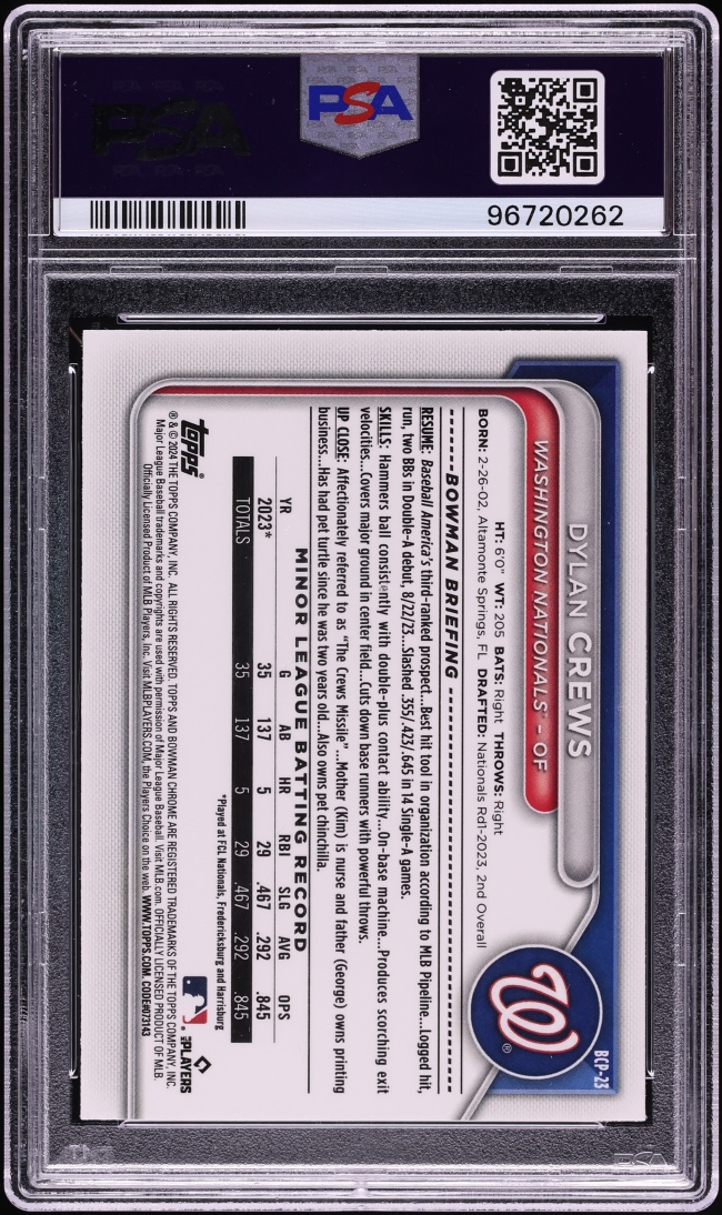 2024 Bowman Chrome Lava Refractor Dylan Crews PROSPECT /399 #BCP-23 PSA 9 MINT