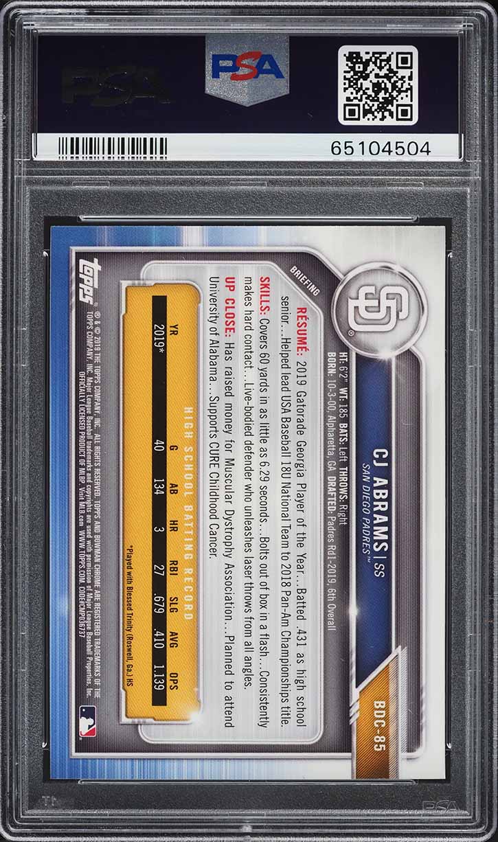 2019 Bowman Chrome Draft CJ Abrams ROOKIE #BDC-85 PSA 10 GEM MINT