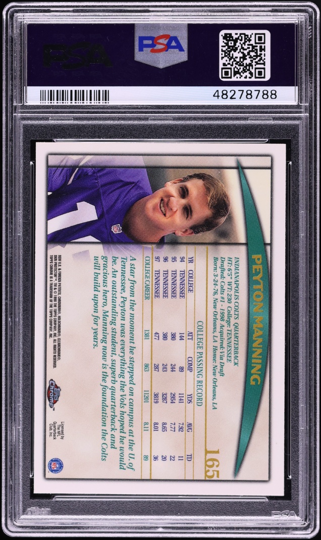 1998 Topps Chrome Peyton Manning ROOKIE #165 PSA 10 GEM MINT - Photo 2