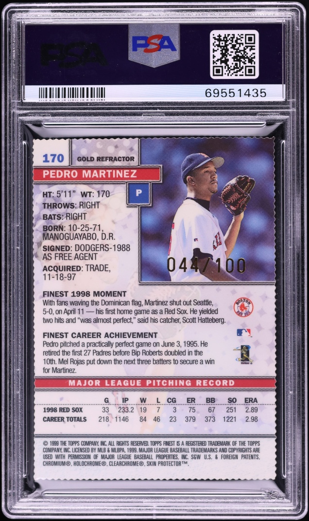 1999 Finest Gold Refractor Pedro Martinez /100 #170 PSA 9 MINT - Photo 2