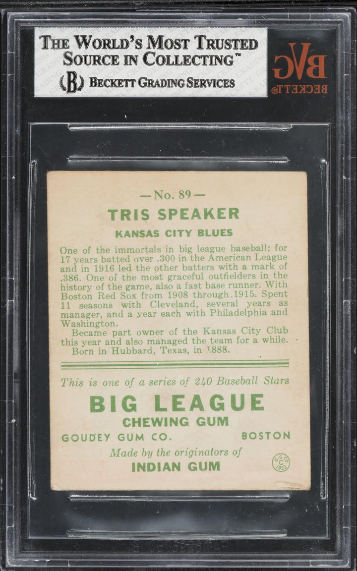 1933 Goudey Tris Speaker #89 BVG 4 VGEX