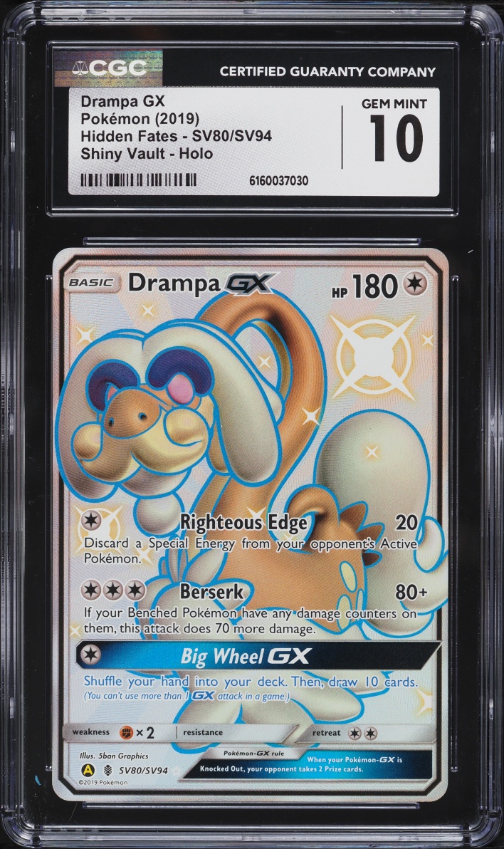 2019 Pokemon Sun & Moon Hidden Fates Shiny Vault Full Art Shiny Drampa GX #SV80 CGC 10 GEM MINT