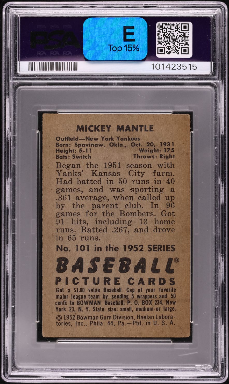 1952 Bowman Mickey Mantle #101 PSA 2.5 GD+