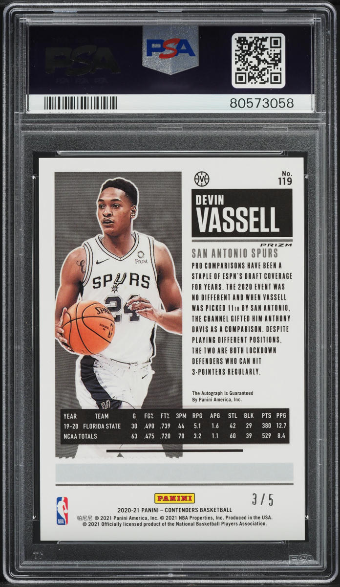 2020 Panini Contenders Red Shimmer Devin Vassell ROOKIE AUTO /5 #119 PSA 10 GEM MINT