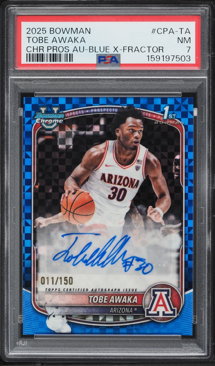 2025 Bowman Chrome U Blue Xfractor Tobe Awaka ROOKIE AUTO /150 #CPA-TA PSA 7 NRMT