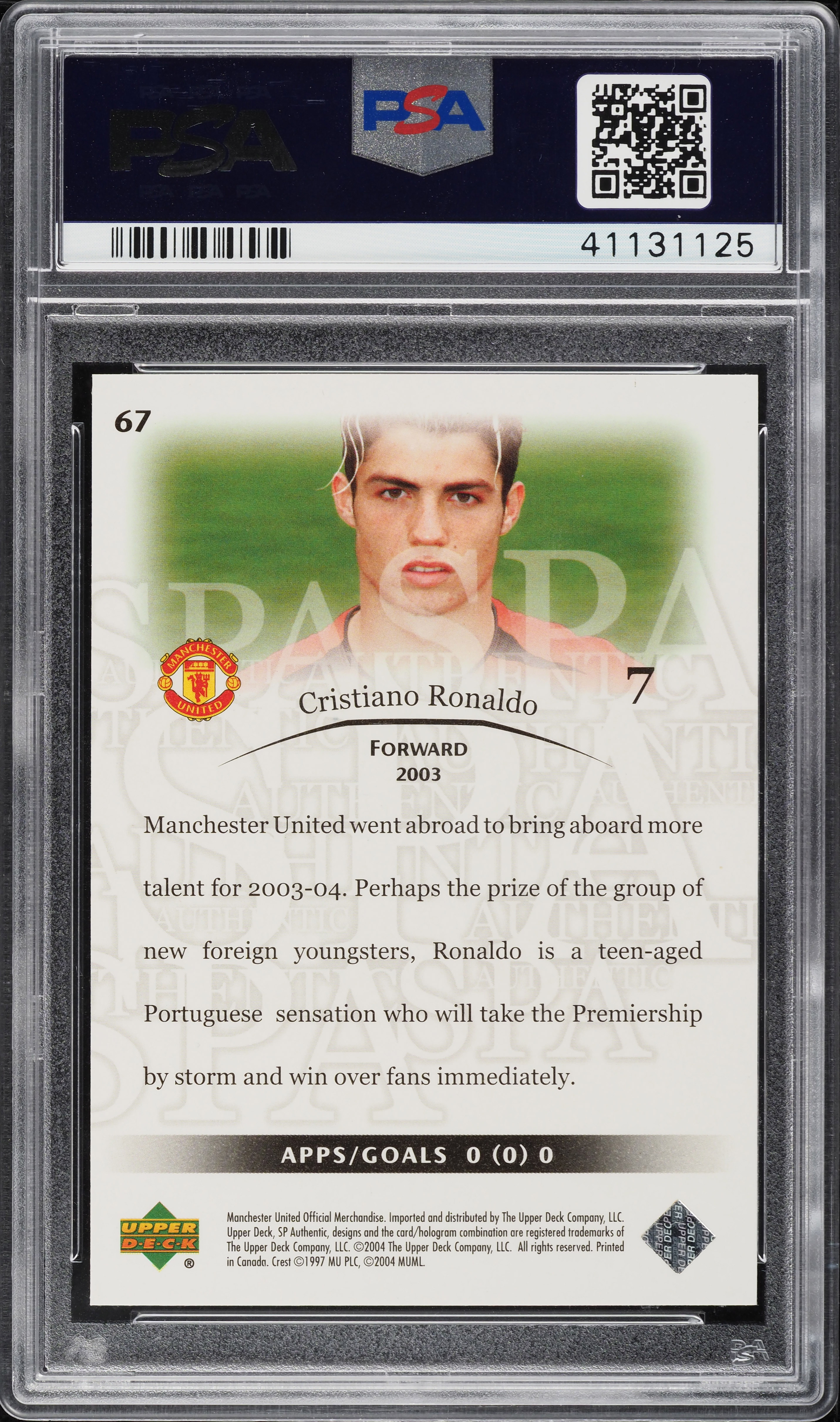 その他 PSA 2004 SP AUTHENTIC CRISTIANO RONALDO PSA 9 2004 SP Authentic Manchester United #7 Cristiano