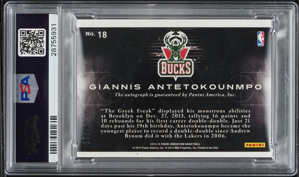 2013 Panini Innovation Exhibit Giannis Antetokounmpo ROOKIE AUTO DNA 10 /299 #18 PSA 10 GEM