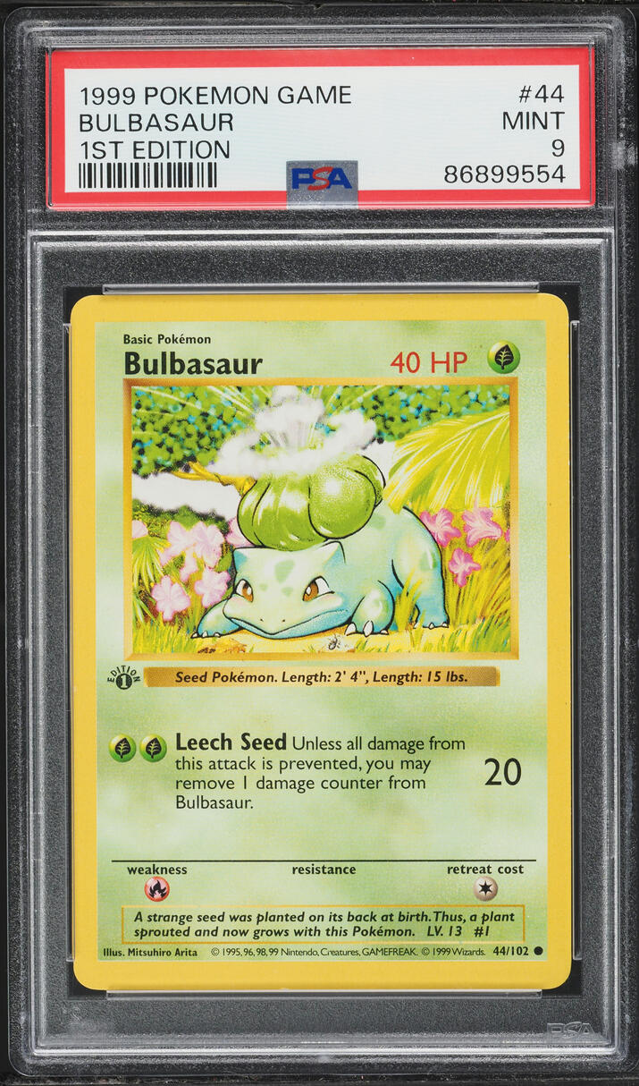 1999 Pokemon Base Set Shadowless 1st Edition Bulbasaur #44 PSA 9 MINT