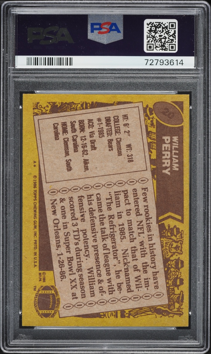 1986 Topps Football William Perry ROOKIE #20 PSA 7 NRMT