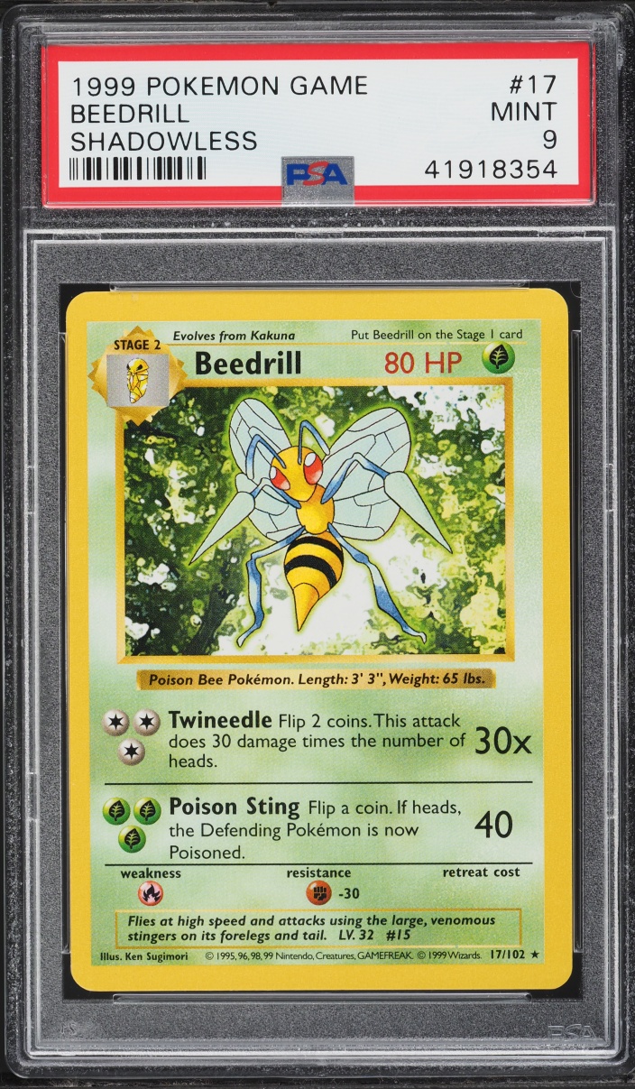 1999 Pokemon Base Set Shadowless Beedrill #17 PSA 9 MINT