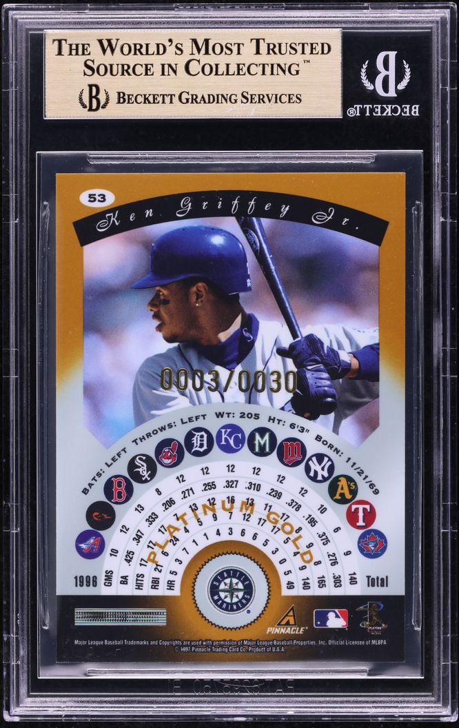 1997 Pinnacle Totally Certified Platinum Gold w/ Peel Ken Griffey Jr. /30 #53 BGS 10 PRISTINE - Photo 2