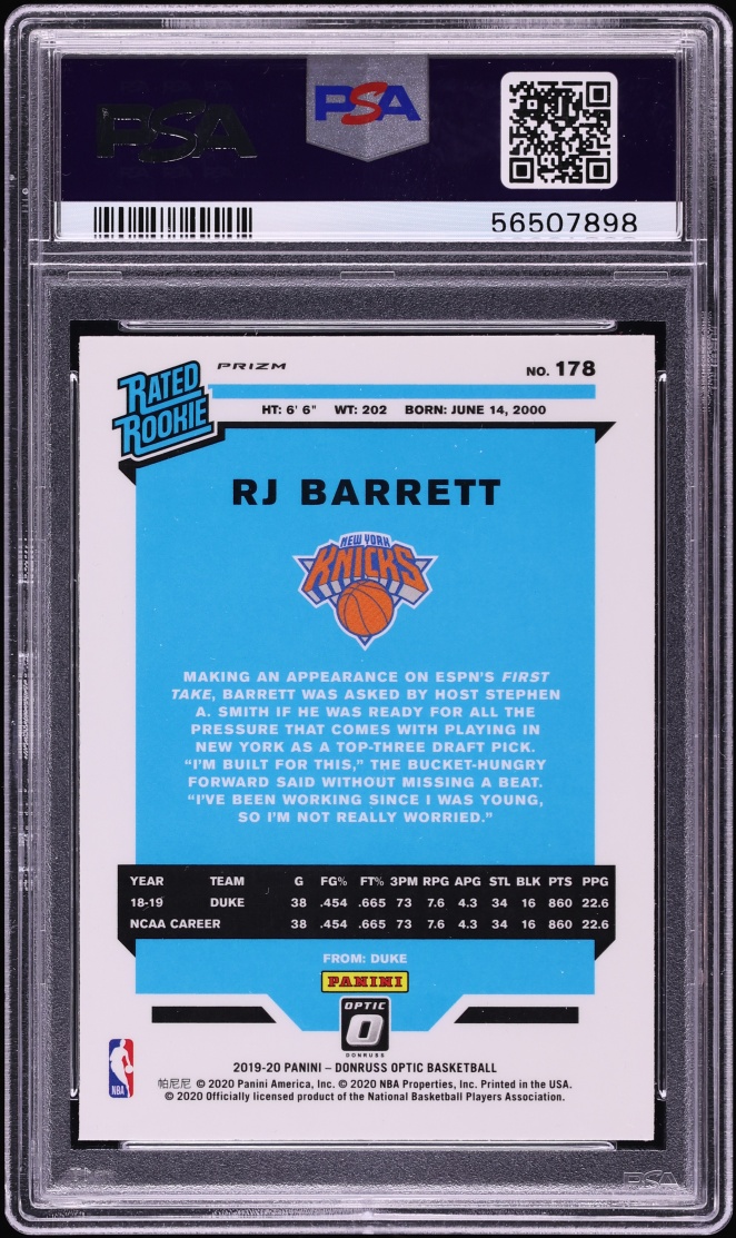 2019 Donruss Optic Hyper Pink RJ Barrett ROOKIE #178 PSA 10 GEM MINT