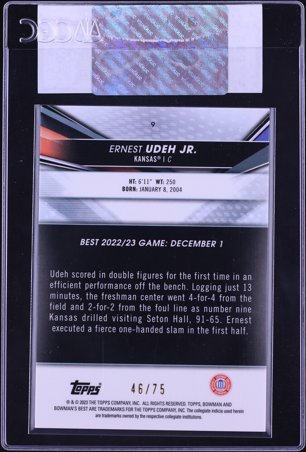 2022 Bowman University Best Gold Lava Refractor Ernest Udeh Jr. ROOKIE /75 #9 CGC AUTH