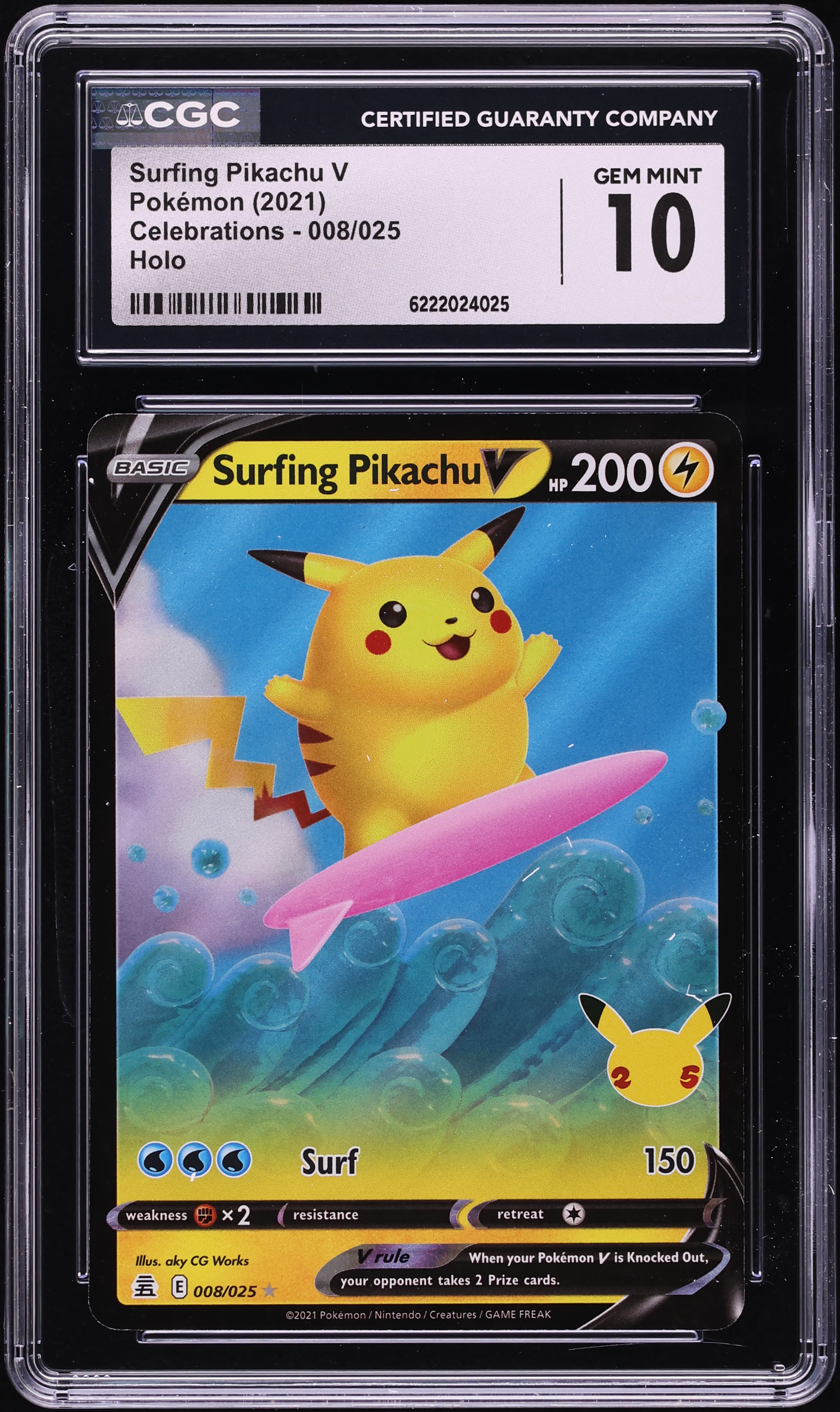 2021 Pokemon Sword & Shield Celebrations Holo Surfing Pikachu V #8 CGC 10 GEM MINT