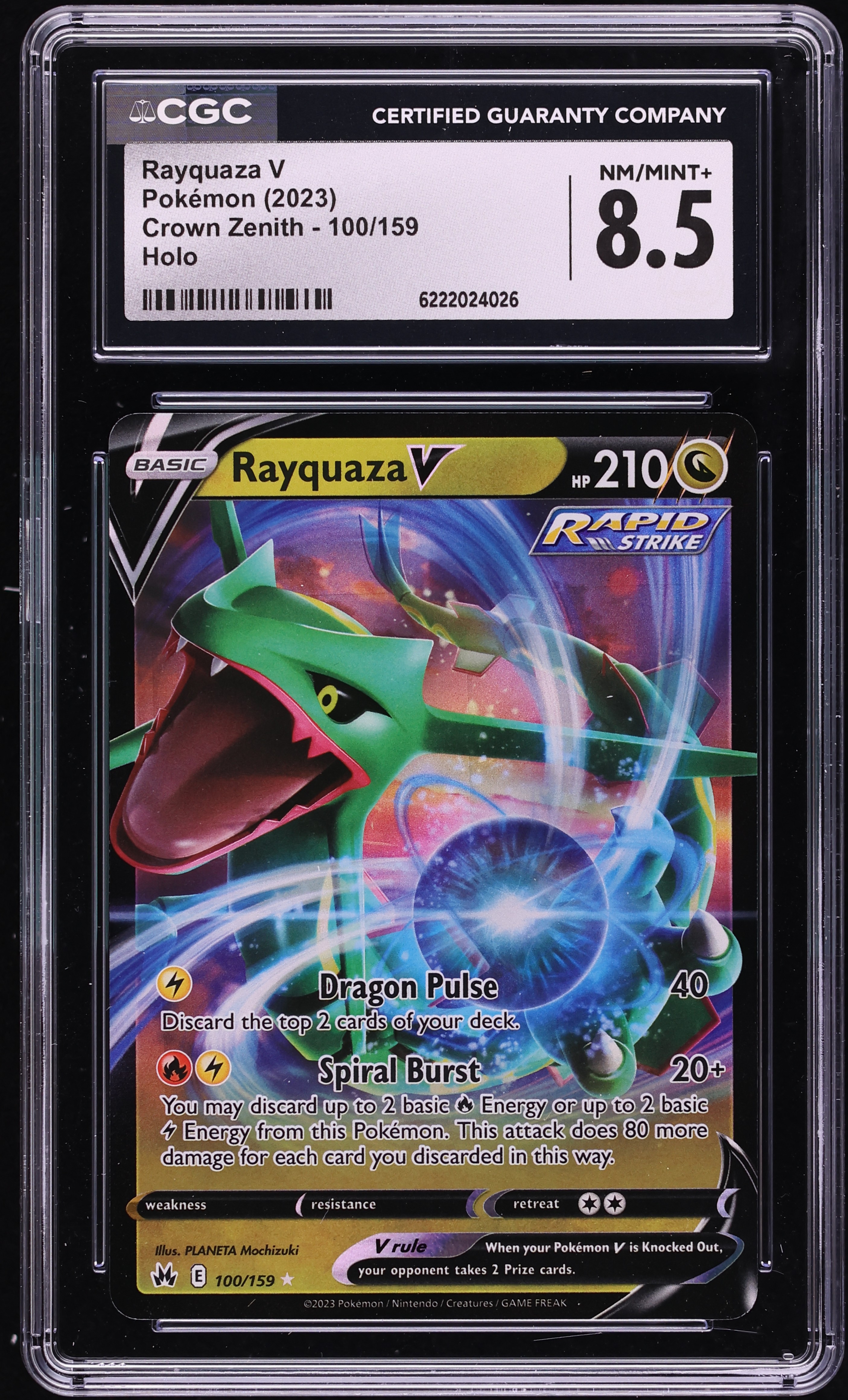 2023 Pokemon Sword & Shield Crown Zenith Holo Rayquaza V #100 CGC 8.5 NM-MT+
