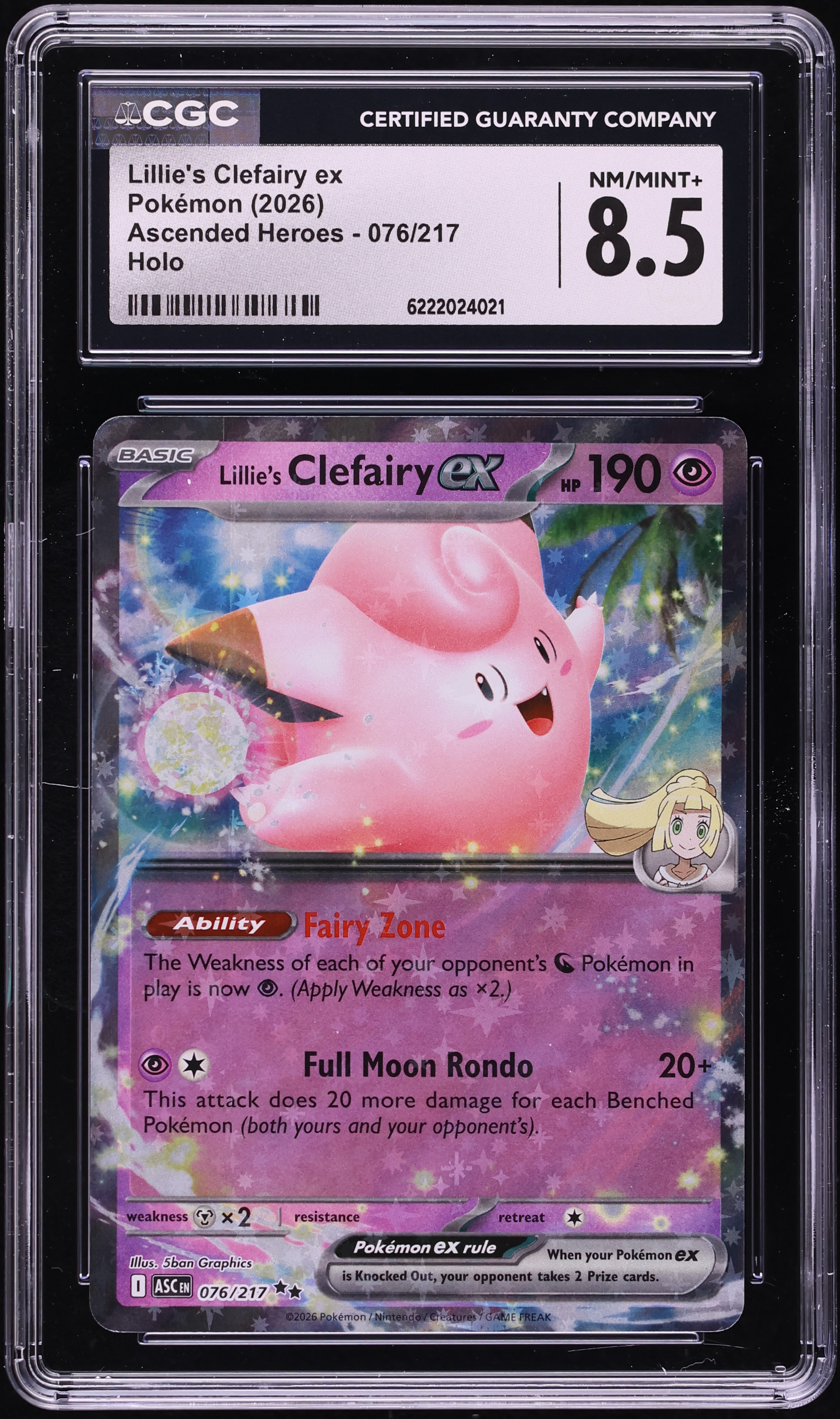 2026 Pokemon Mega Evolution Ascended Heroes Holo Lillie's Clefairy EX #76 CGC 8.5 NM-MT+