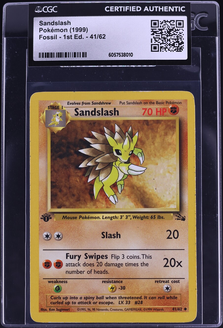 1999 Pokemon Fossil 1st Edition Sandslash #41 CGC AUTH