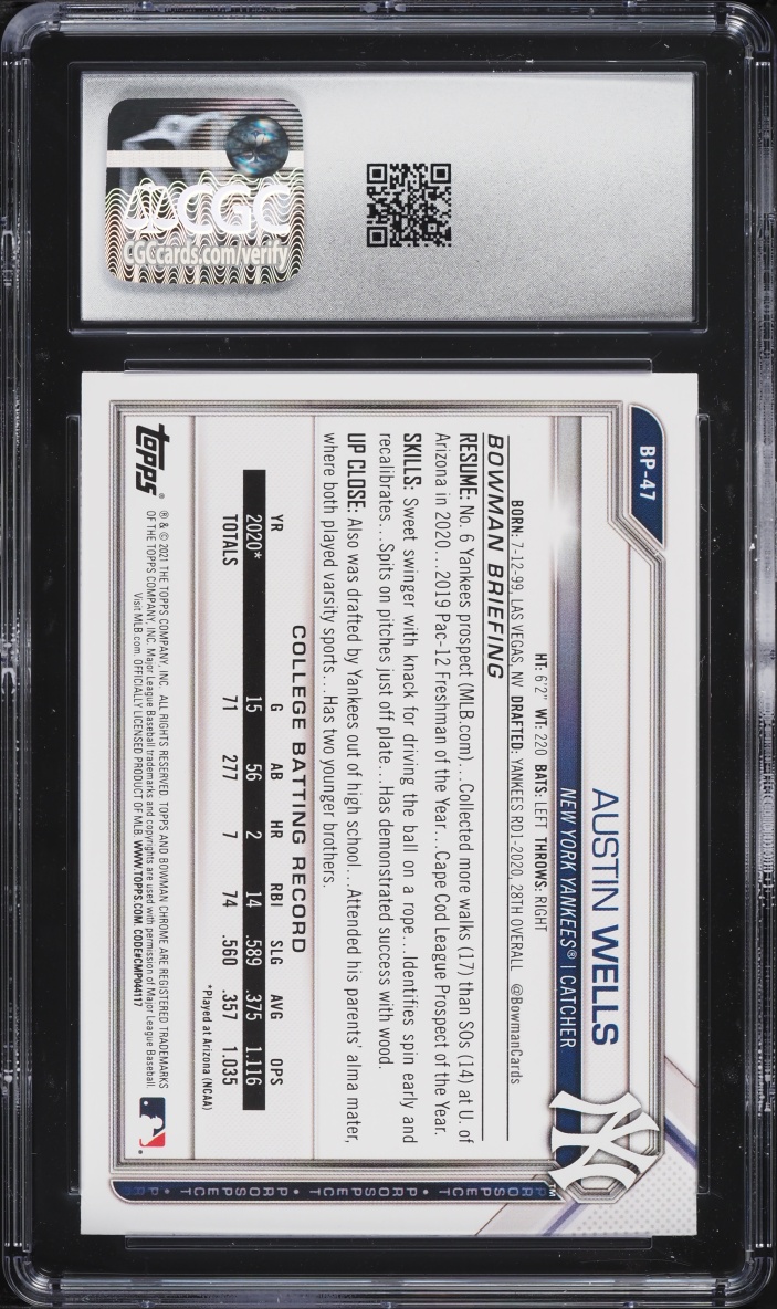 2021 Bowman Austin Wells PROSPECT #BP-47 CGC 9.5 MINT+