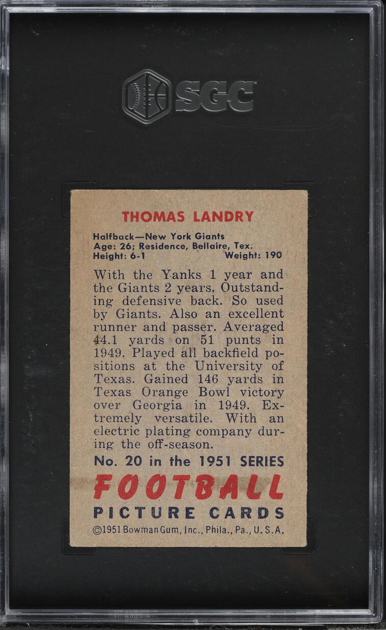1951 Bowman Football Tom Landry ROOKIE #20 SGC 1.5 FR