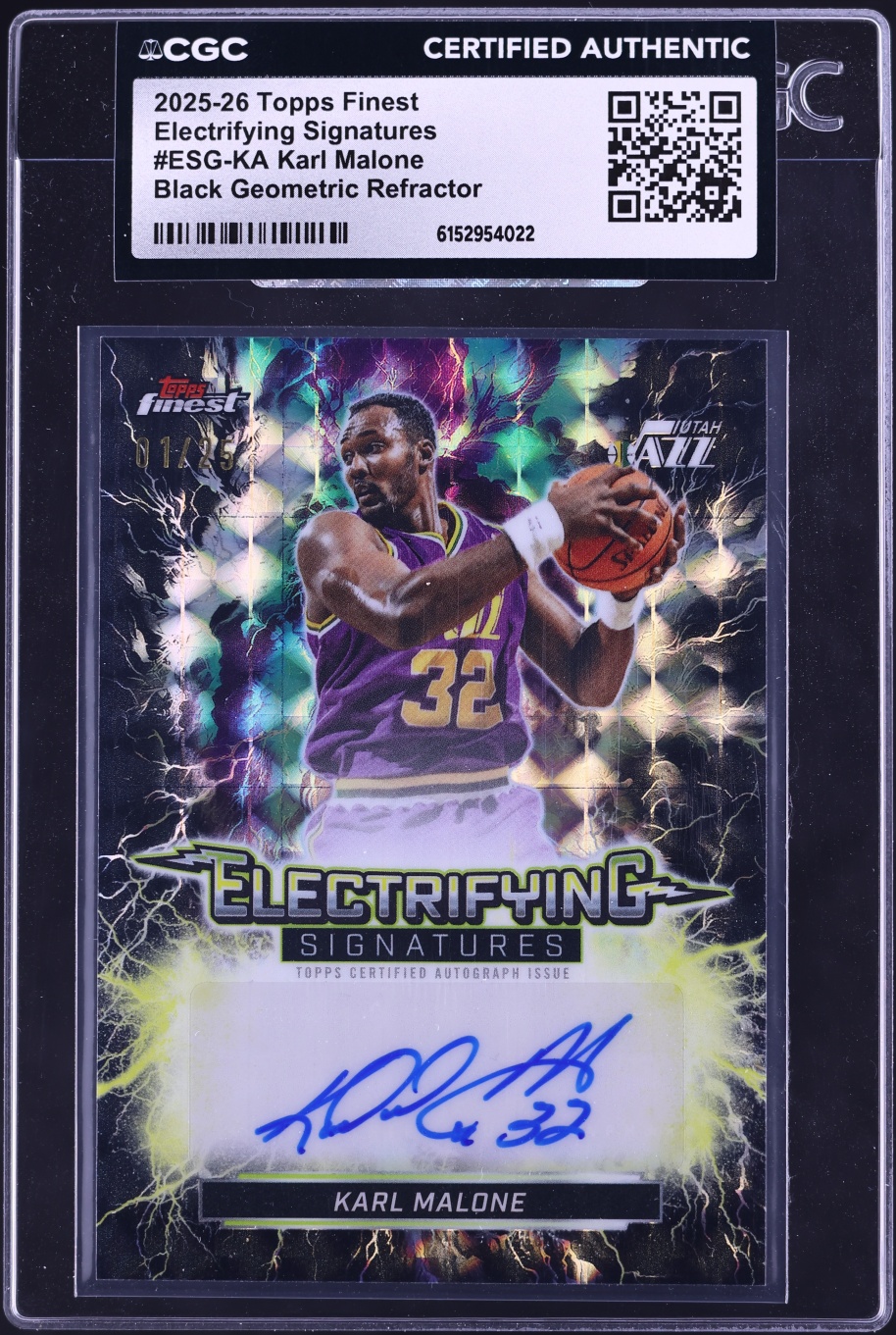2025 Finest Electrifying Black Geometric Refractor Karl Malone AUTO 1/25 #ESG-KA CGC AUTH