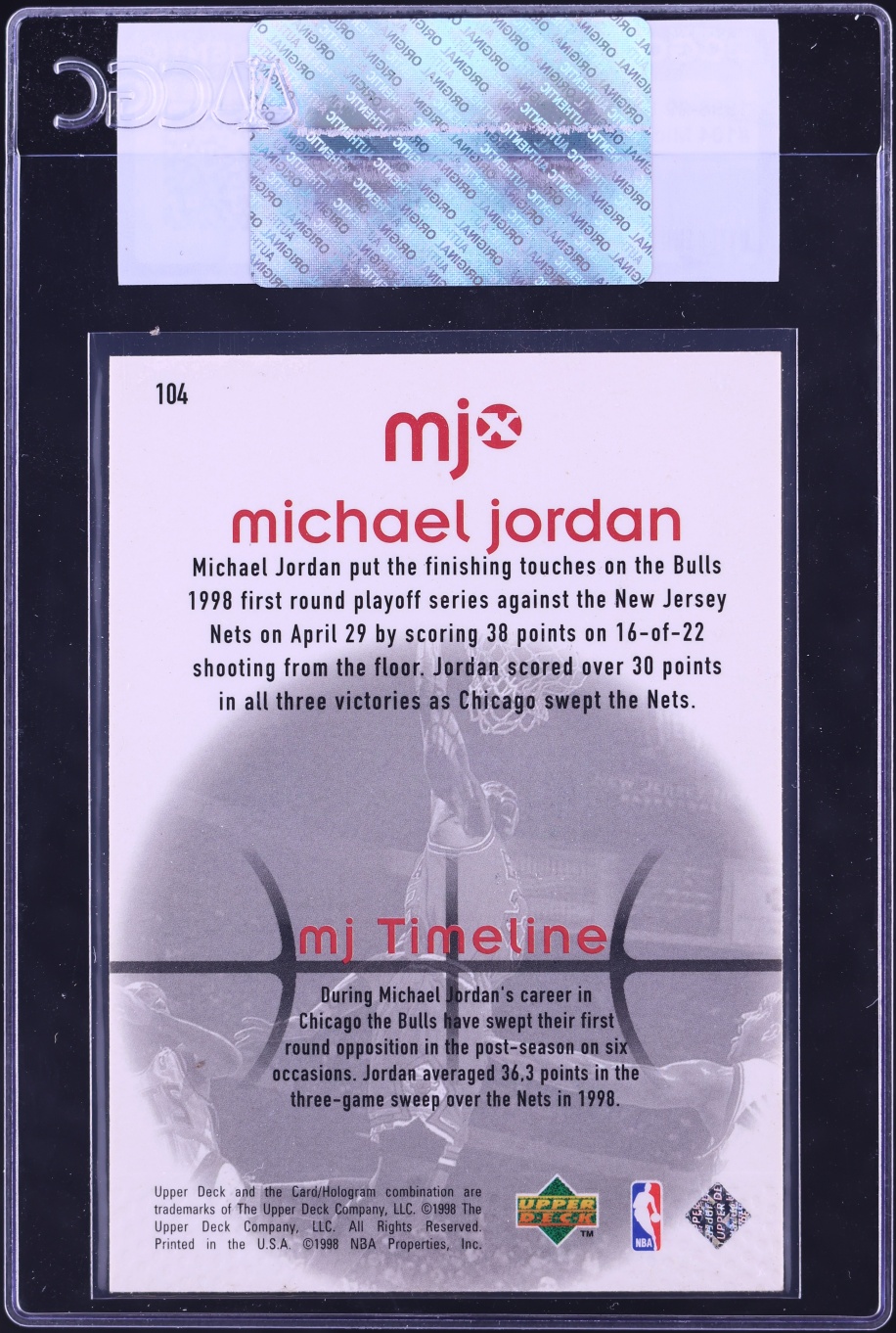 1998 Upper Deck MJ Living Legend Michael Jordan #104 CGC AUTH