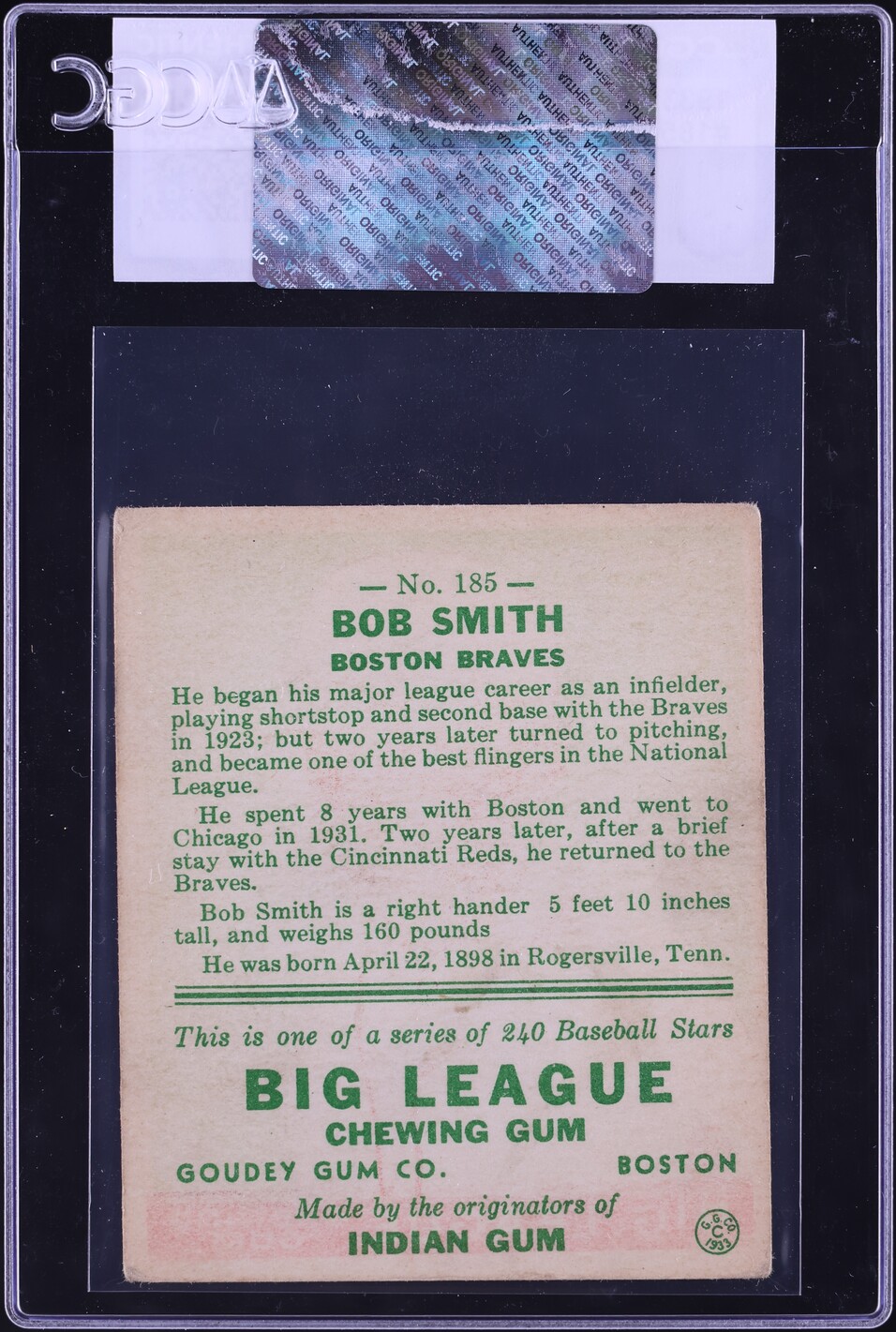 1933 Goudey Bob Smith #185 CGC AUTH