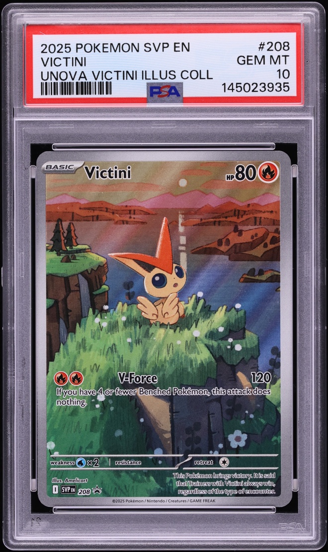 2025 Pokemon Scarlet & Violet Promo Unova Illustration Collection Full Art Victini #208 PSA 10
