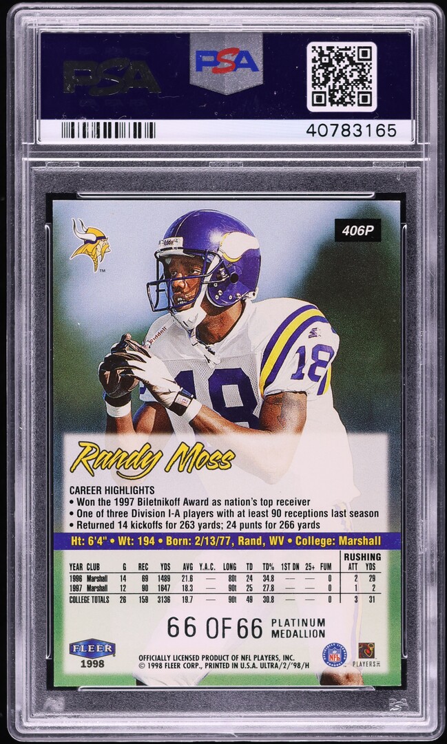 1998 Ultra Platinum Medallion Randy Moss ROOKIE 66/66 #406P PSA 9 MINT