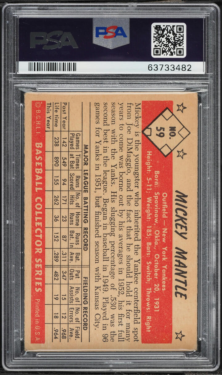 1953 Bowman Color Mickey Mantle AUTO DNA 10 #59 PSA 2 GD