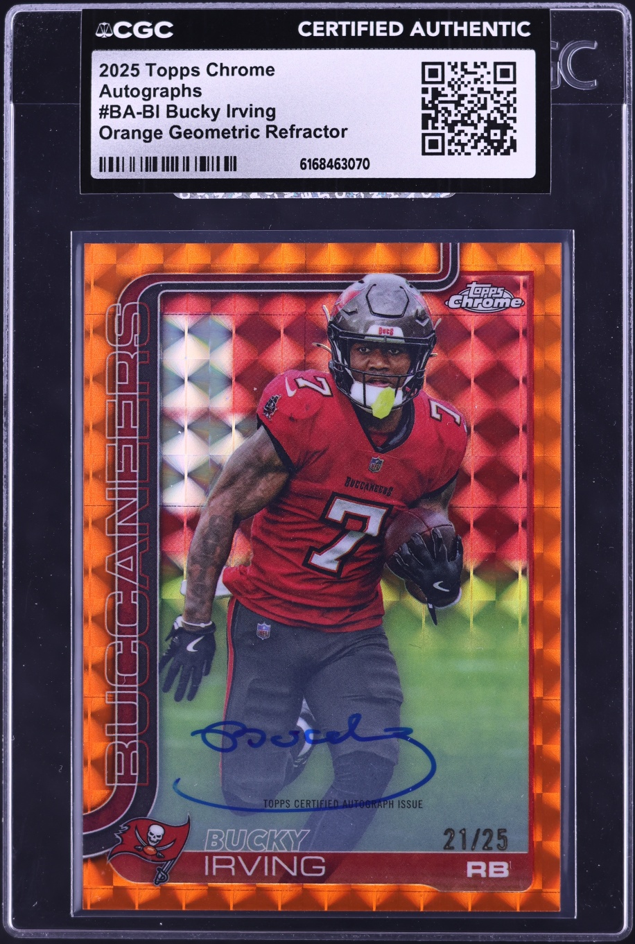 2025 Topps Chrome Orange Geometric Refractor Bucky Irving AUTO /25 #BA-BI CGC AUTH