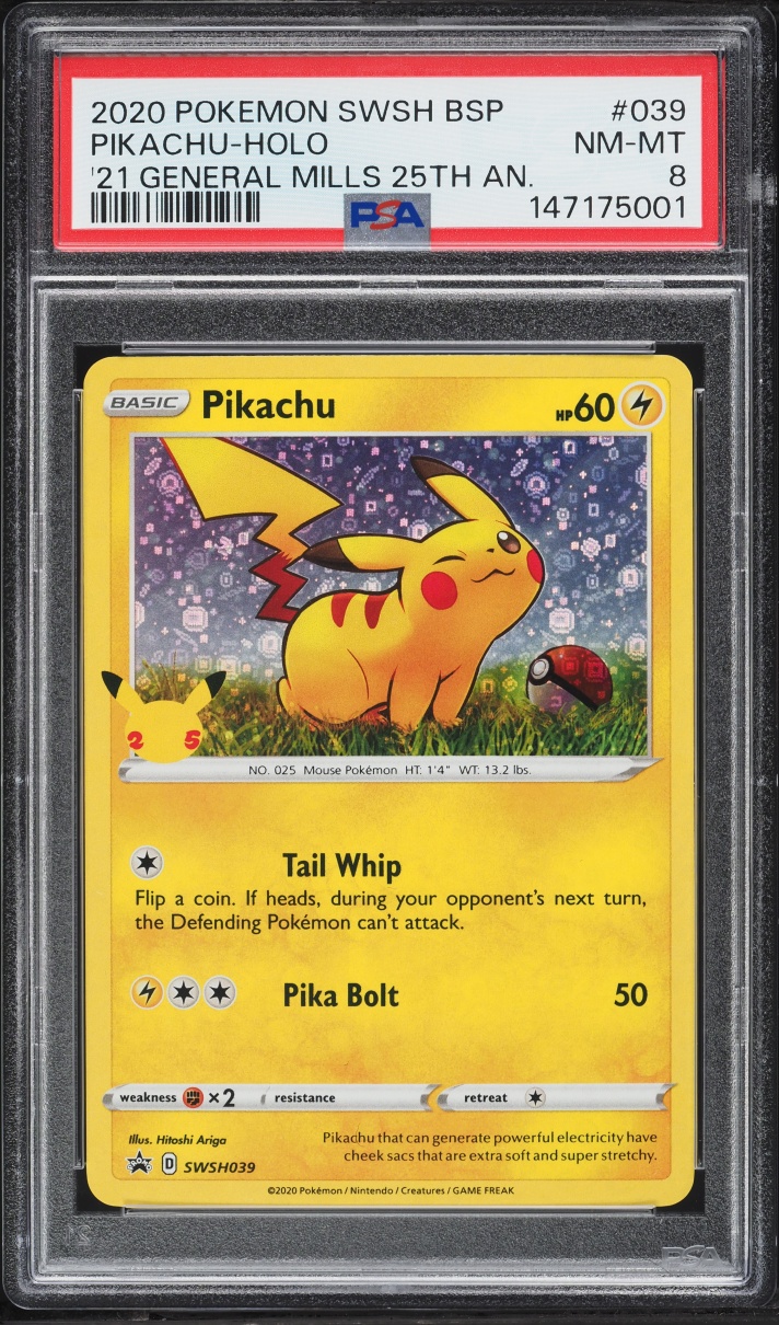 2020 Pokemon Sword & Shield Promo General Mills Sequin Holo Pikachu #39 PSA 8 NM-MT