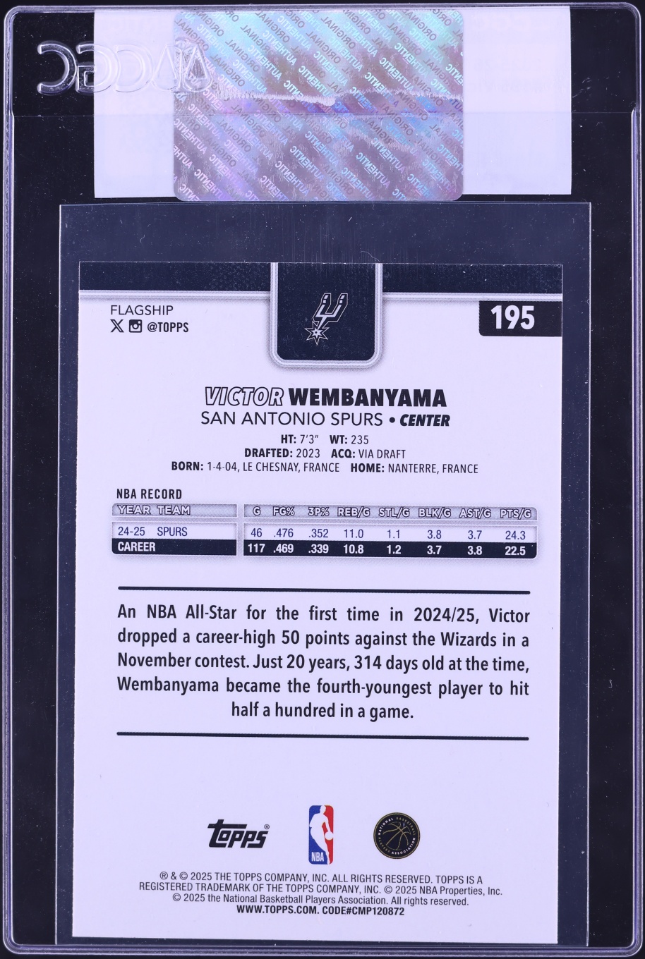 2025 Topps Basketball Victor Wembanyama #195 CGC AUTH