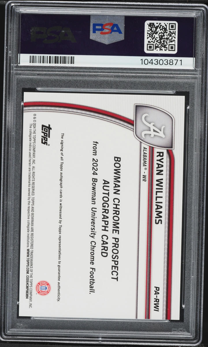 2024 Bowman Chrome University Ryan Williams ROOKIE AUTO #PA-RWI PSA 10 GEM MINT