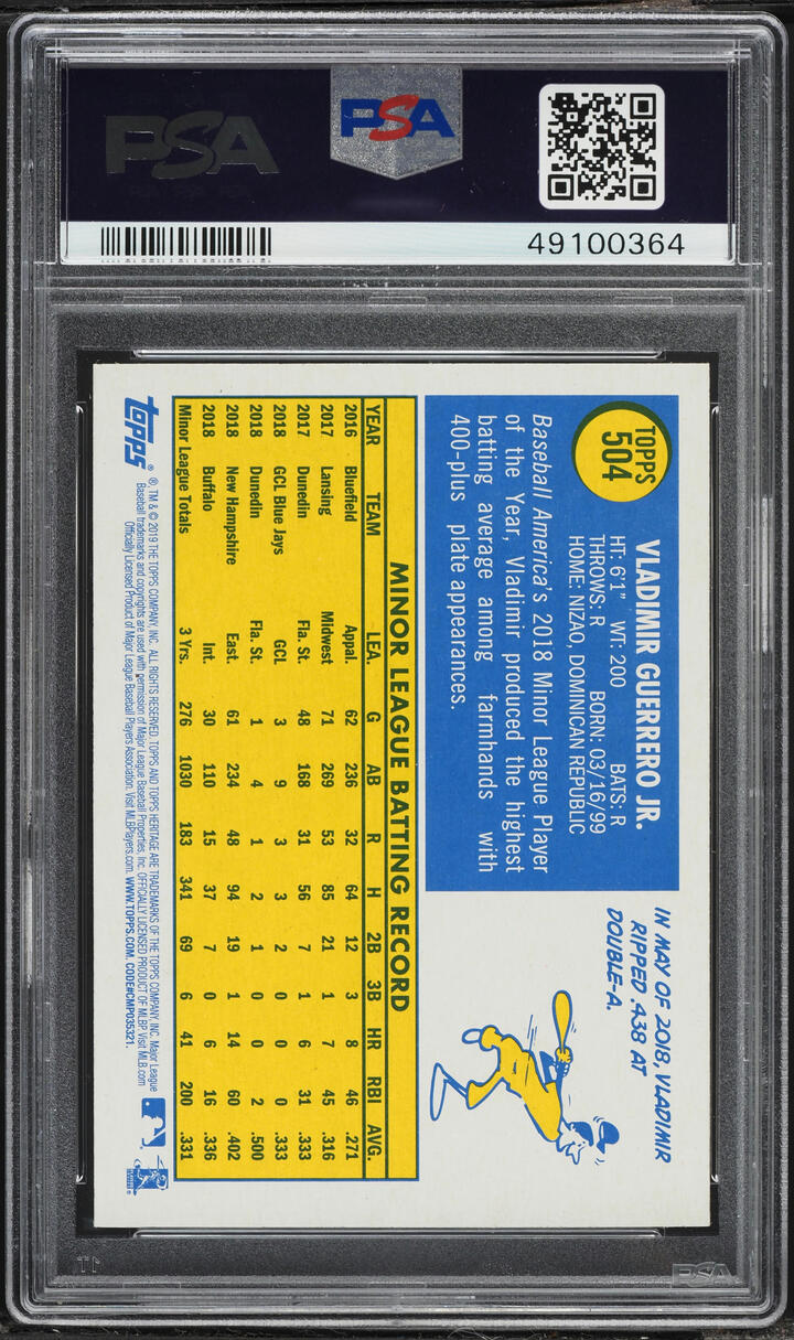 2019 Topps Heritage Vladimir Guerrero Jr. ROOKIE #504 PSA 10 GEM MINT