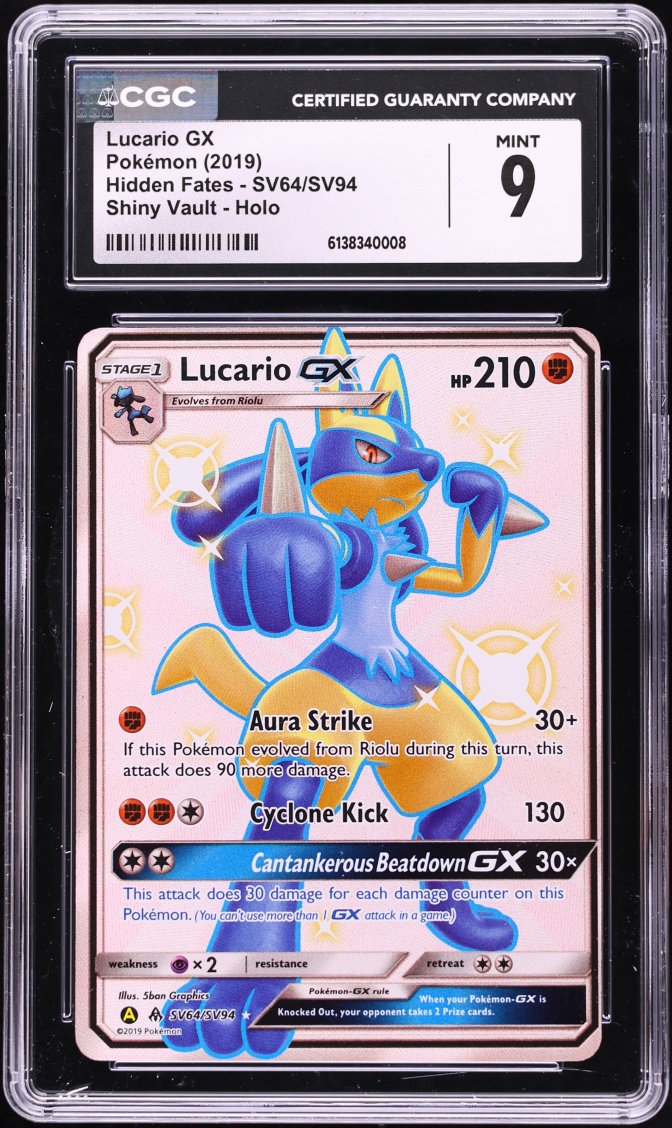 2019 Pokemon Sun & Moon Hidden Fates Full Art Lucario GX #SV64 CGC 9 MINT