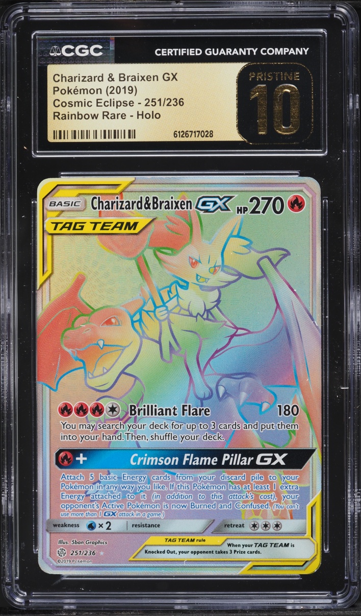 2019 Pokemon Sun & Moon Cosmic Eclipse Rainbow Rare Charizard & Braixen GX #251 CGC 10 PRISTINE