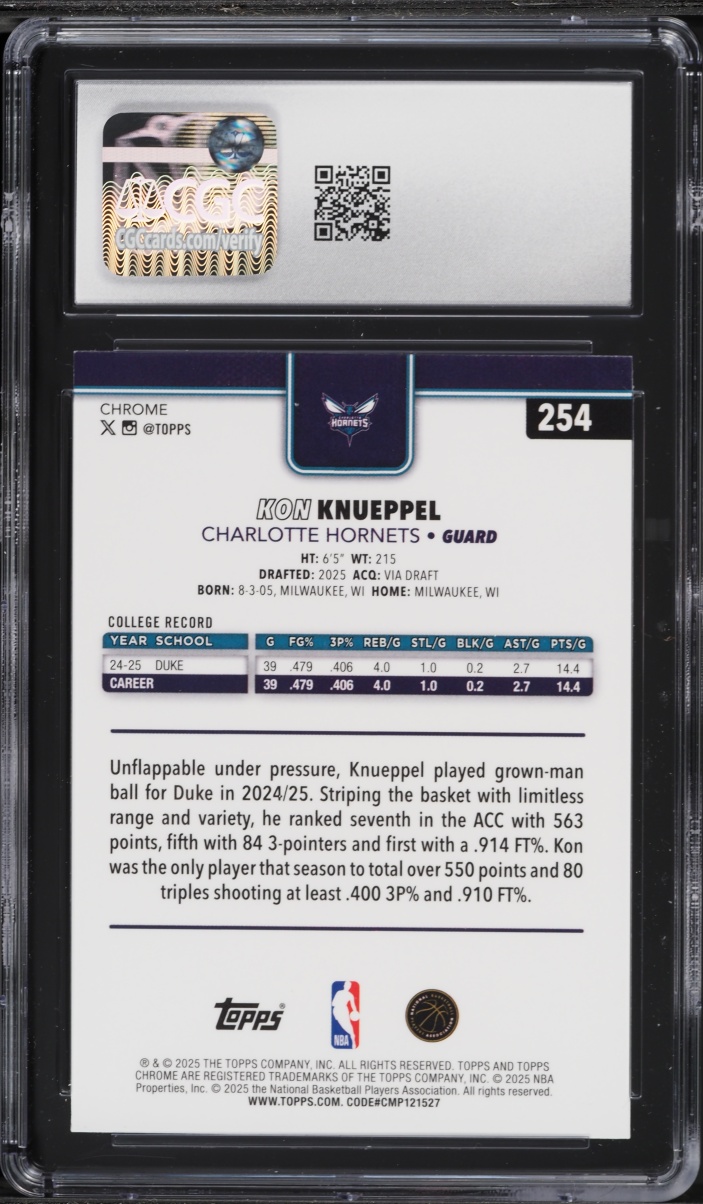 2025 Topps Chrome Kon Knueppel ROOKIE #254 CGC 10 GEM MINT