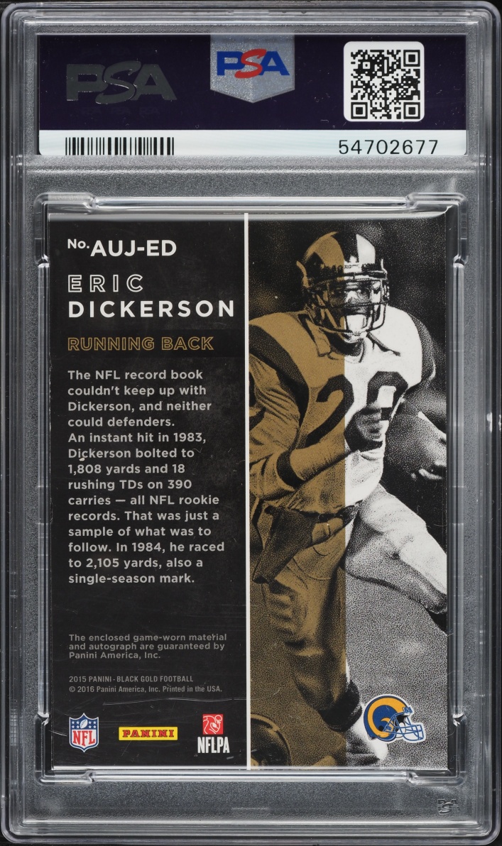 2015 Panini Black Gold Jersey Eric Dickerson PATCH AUTO /49 #AUJ-ED PSA 9 MINT